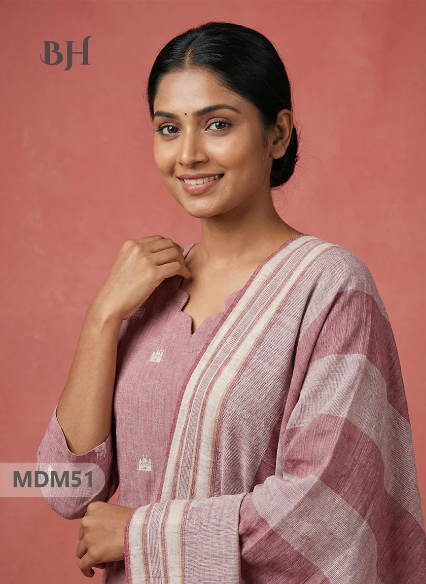 Handloom Jacquard 3pc Suit Set – Oriental Pink with Pocket, Elastic Bottom & Full Lining