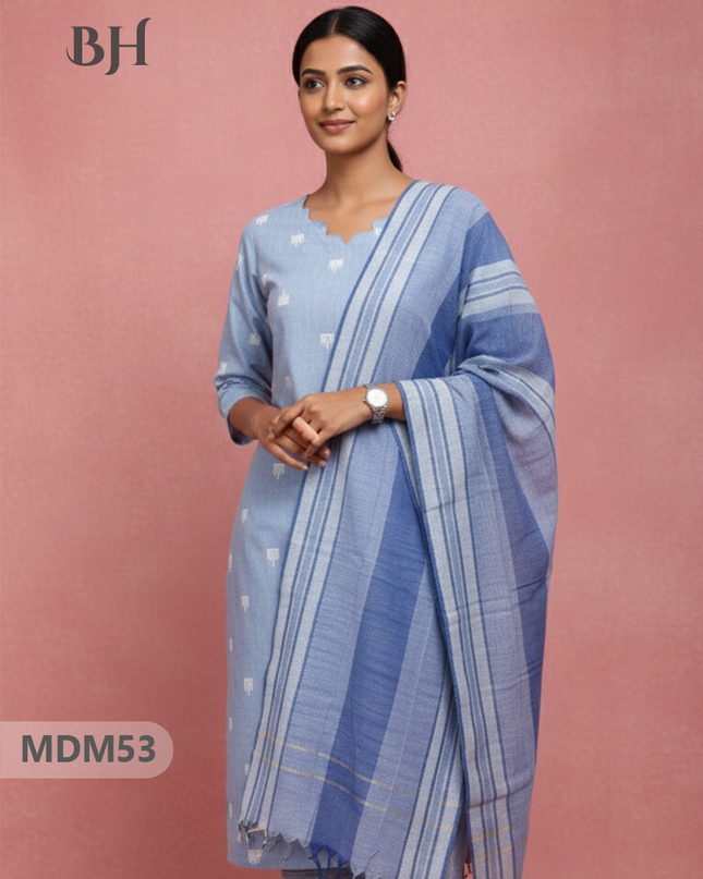 Handloom Jacquard 3pc Suit Set – Light Blue Grey with Pocket, Elastic Bottom & Full Lining