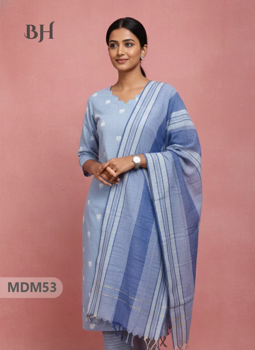 Handloom Jacquard 3pc Suit Set – Light Blue Grey with Pocket, Elastic Bottom & Full Lining