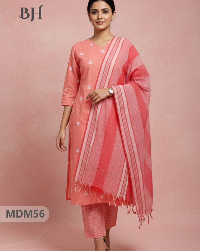 Handloom Jacquard 3pc Suit Set – Orange with Pocket, Elastic Bottom & Full Lining