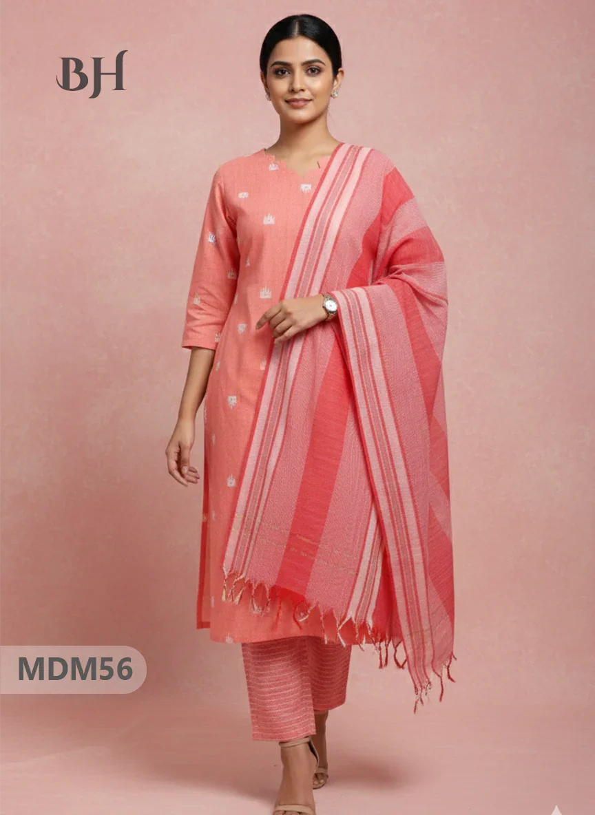 Handloom Jacquard 3pc Suit Set – Orange with Pocket, Elastic Bottom & Full Lining