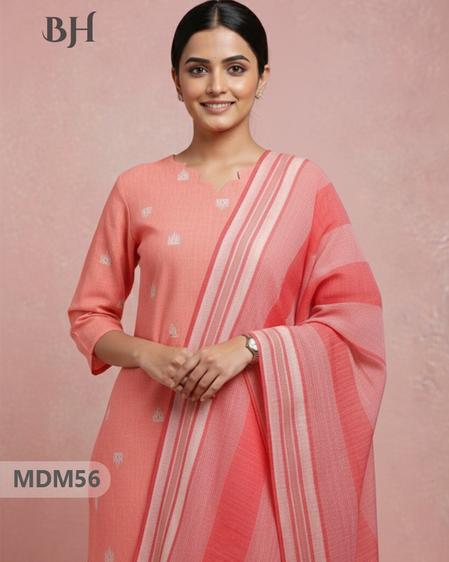 Handloom Jacquard 3pc Suit Set – Orange with Pocket, Elastic Bottom & Full Lining