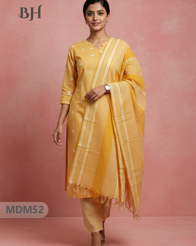 Handloom Jacquard 3pc Suit Set – Yellow with Pocket, Elastic Bottom & Full Lining