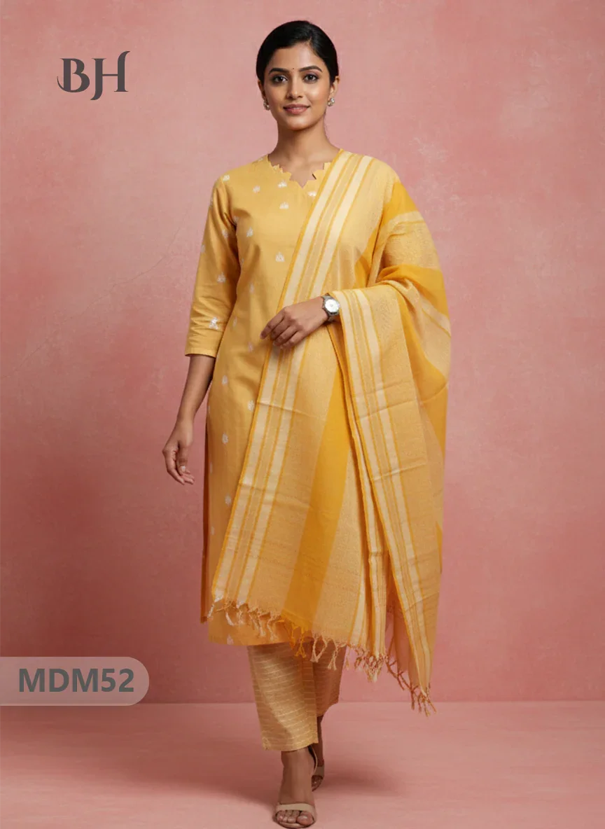 Handloom Jacquard 3pc Suit Set – Yellow with Pocket, Elastic Bottom & Full Lining