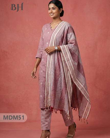 Handloom Jacquard 3pc Suit Set – Oriental Pink with Pocket, Elastic Bottom & Full Lining