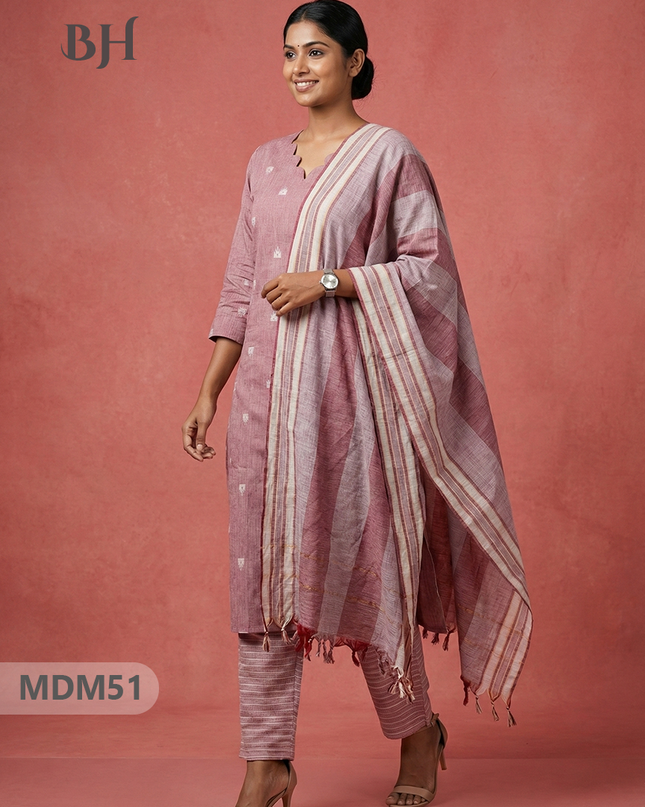 Handloom Jacquard 3pc Suit Set – Oriental Pink with Pocket, Elastic Bottom & Full Lining
