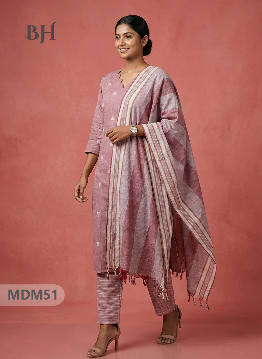 Handloom Jacquard 3pc Suit Set – Oriental Pink with Pocket, Elastic Bottom & Full Lining