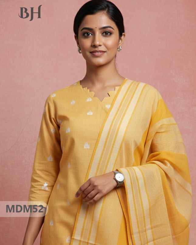 Handloom Jacquard 3pc Suit Set – Yellow with Pocket, Elastic Bottom & Full Lining