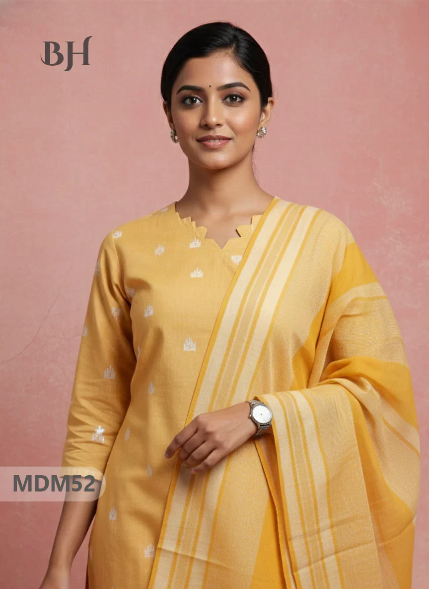 Handloom Jacquard 3pc Suit Set – Yellow with Pocket, Elastic Bottom & Full Lining