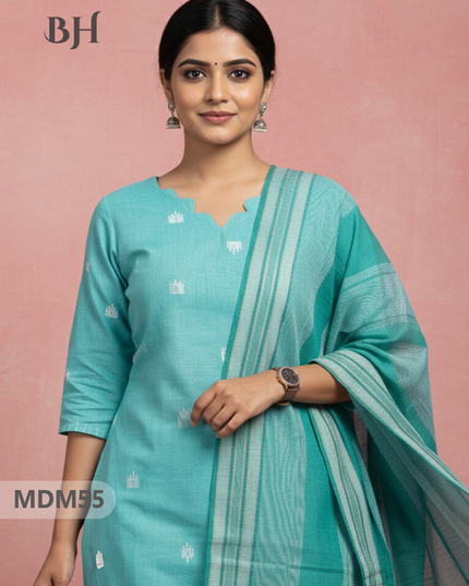 Handloom Jacquard 3pc Suit Set – Sea Green with Pocket, Elastic Bottom & Full Lining