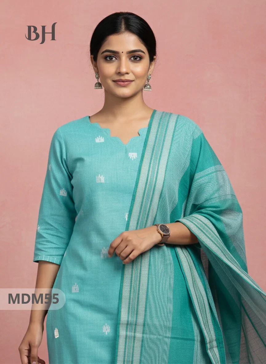 Handloom Jacquard 3pc Suit Set – Sea Green with Pocket, Elastic Bottom & Full Lining