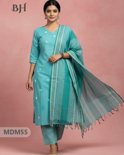 Handloom Jacquard 3pc Suit Set – Sea Green with Pocket, Elastic Bottom & Full Lining