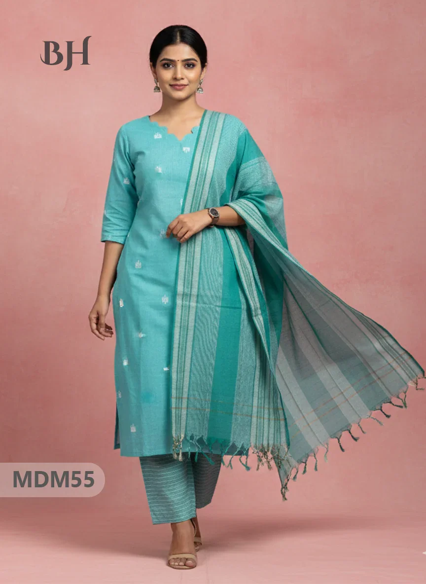 Handloom Jacquard 3pc Suit Set – Sea Green with Pocket, Elastic Bottom & Full Lining
