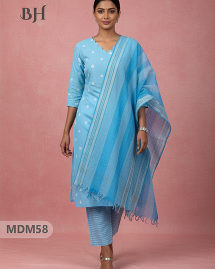 Handloom Jacquard 3pc Suit Set – Sky Blue with Pocket, Elastic Bottom & Full Lining