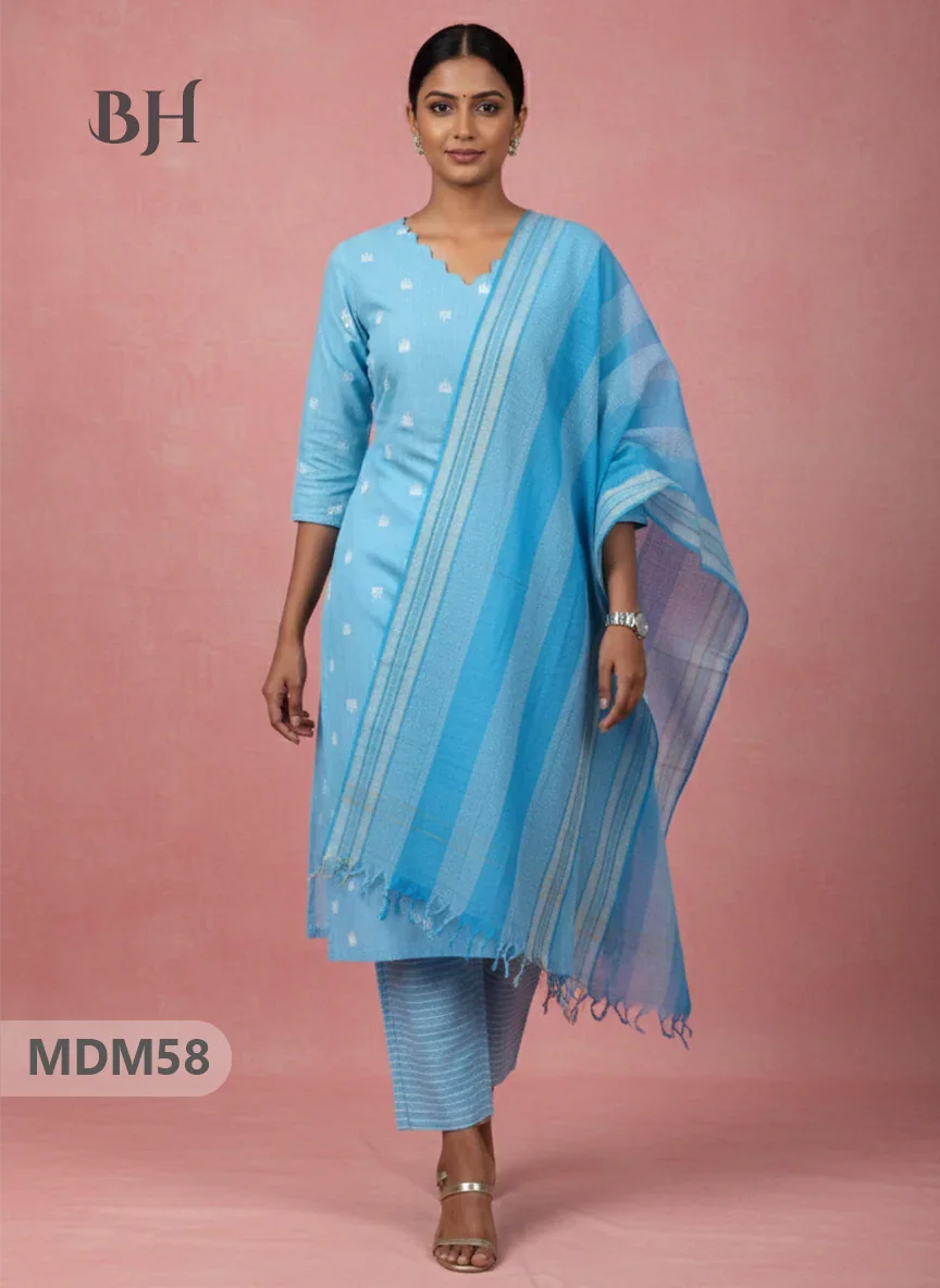 Handloom Jacquard 3pc Suit Set – Sky Blue with Pocket, Elastic Bottom & Full Lining