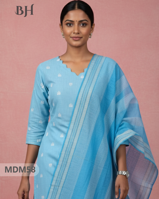 Handloom Jacquard 3pc Suit Set – Sky Blue with Pocket, Elastic Bottom & Full Lining
