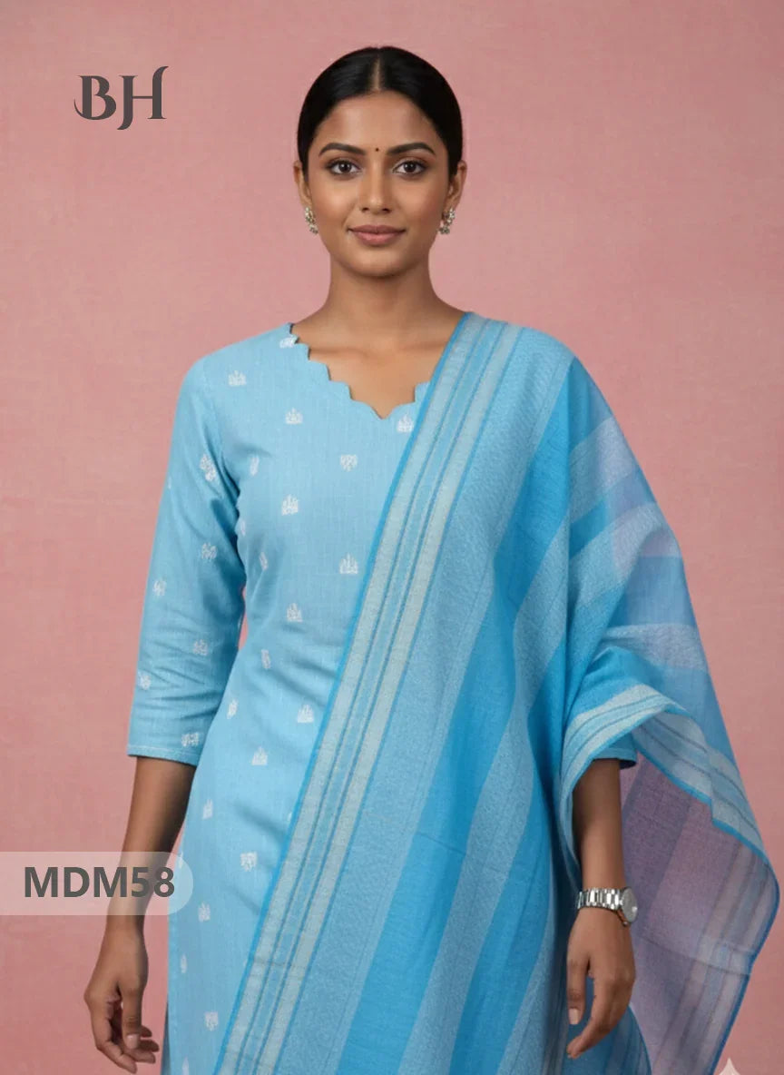 Handloom Jacquard 3pc Suit Set – Sky Blue with Pocket, Elastic Bottom & Full Lining