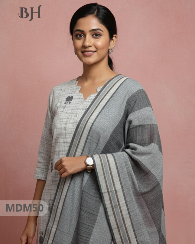 Handloom Jacquard 3pc Suit Set – Natural Grey with Pocket, Elastic Bottom & Full Lining