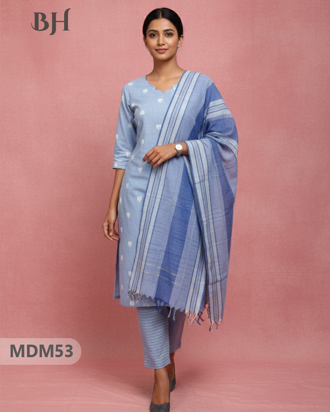 Handloom Jacquard 3pc Suit Set – Light Blue Grey with Pocket, Elastic Bottom & Full Lining