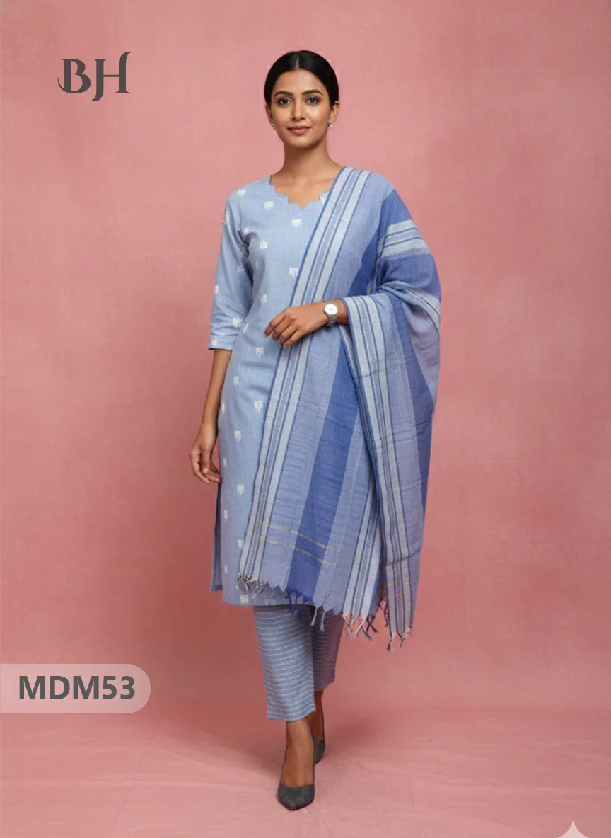 Handloom Jacquard 3pc Suit Set – Light Blue Grey with Pocket, Elastic Bottom & Full Lining