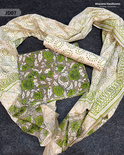 Jaipur Handblock Cotton Dress Material – Half White & Soya Bean