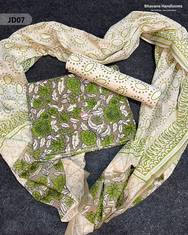 Jaipur Handblock Cotton Dress Material – Half White & Soya Bean