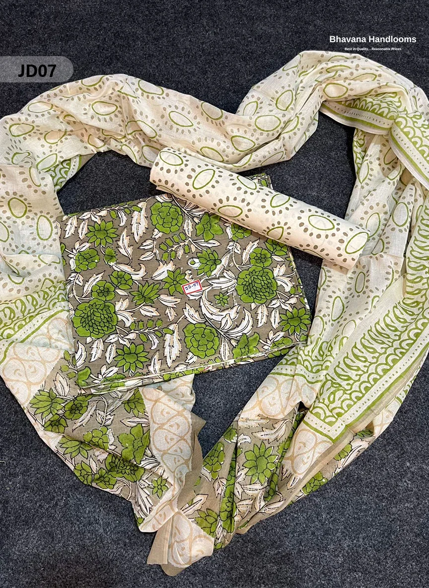 Jaipur Handblock Cotton Dupatta  Dress Material – Half White & Soya Bean