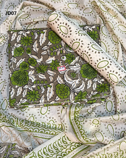 Jaipur Handblock Cotton Dress Material – Half White & Soya Bean