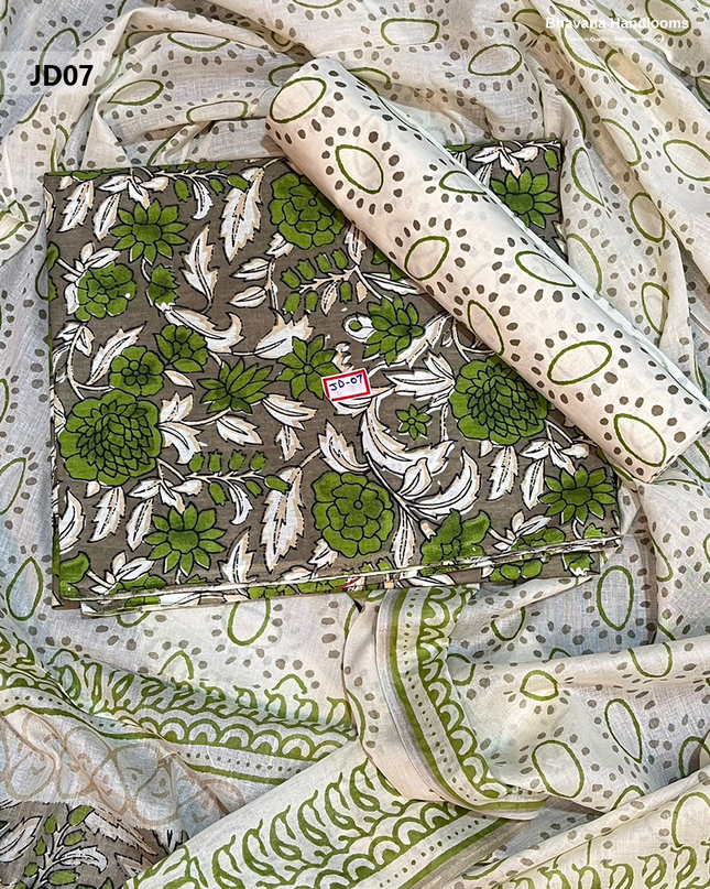 Jaipur Handblock Cotton Dress Material – Half White & Soya Bean