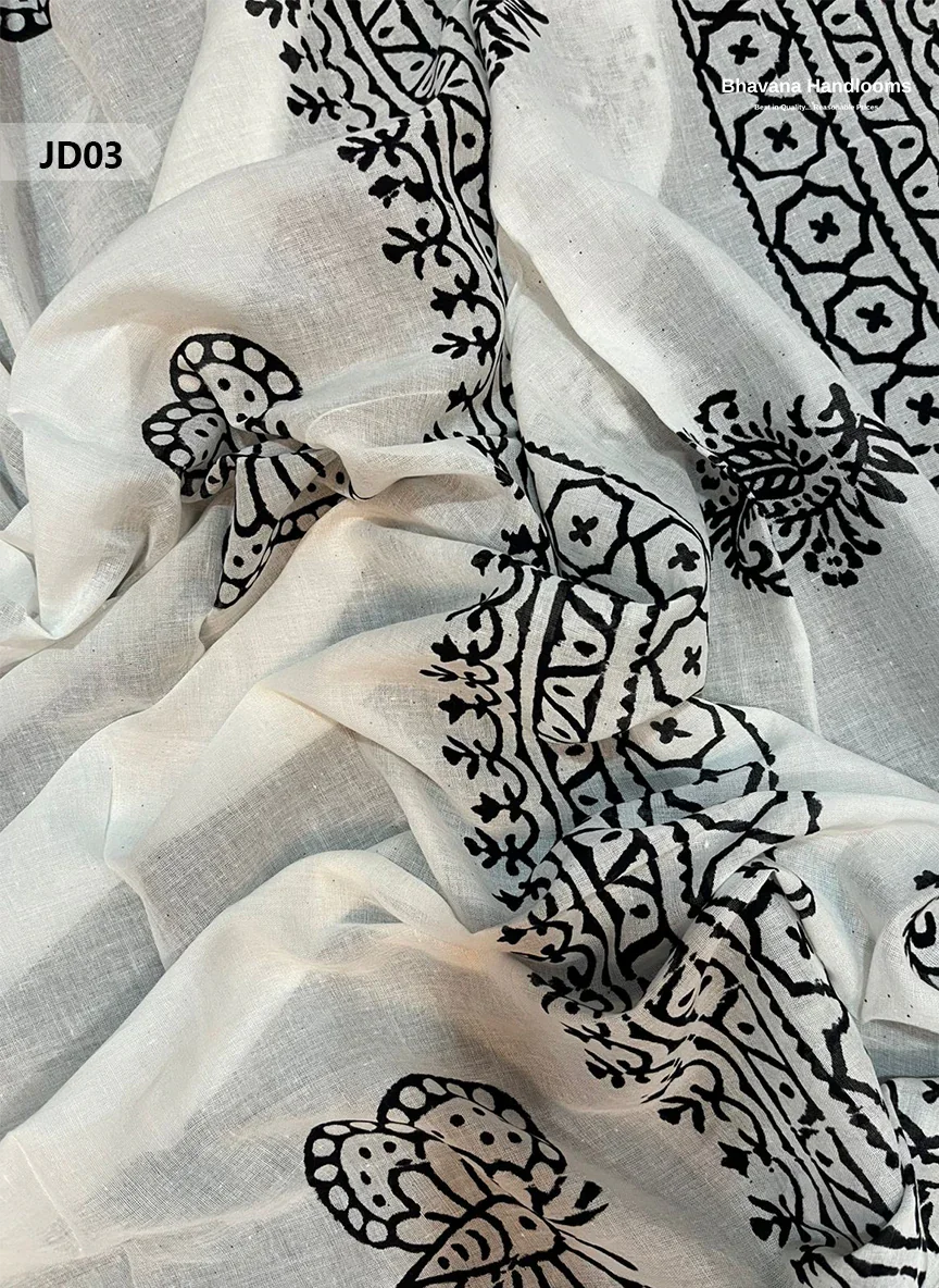 Jaipur Handblock Cotton Dupatta  Dress Material – White & Black