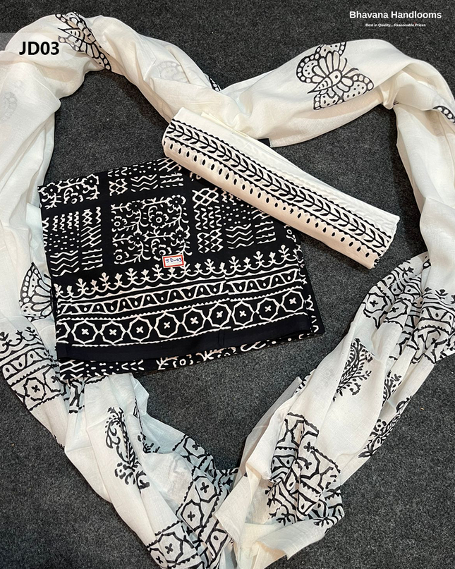 Jaipur Handblock Cotton Dress Material – White & Black