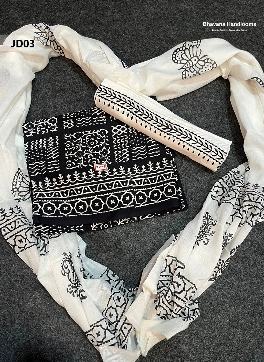 Jaipur Handblock Cotton Dupatta  Dress Material – White & Black