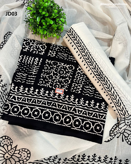 Jaipur Handblock Cotton Dress Material – White & Black