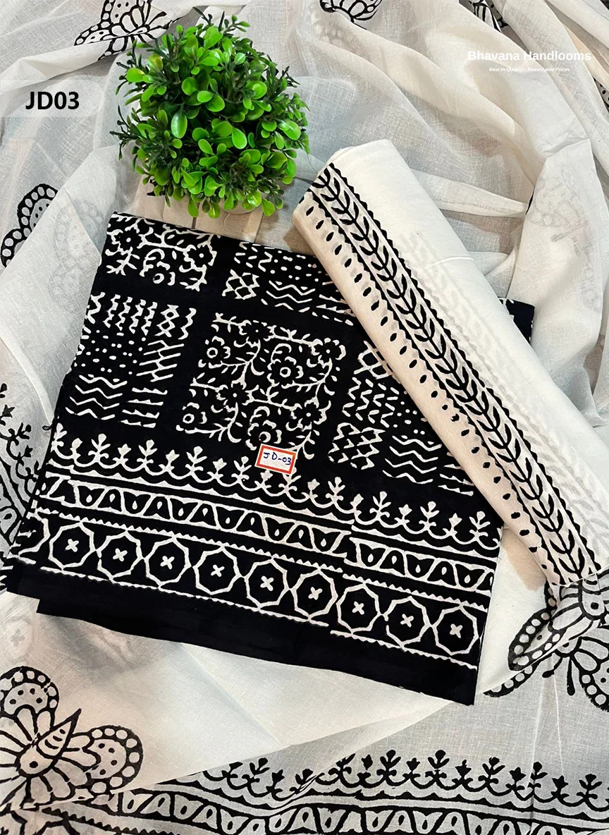 Jaipur Handblock Cotton Dupatta  Dress Material – White & Black