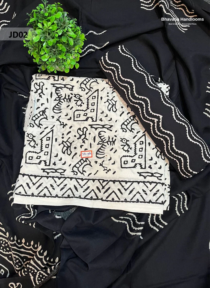 Jaipur Handblock Cotton Dupatta Dress Material – White & Black
