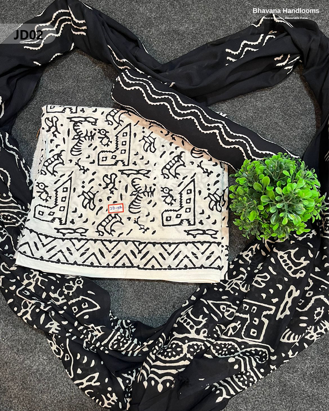 Jaipur Handblock Cotton Dress Material – White & Black