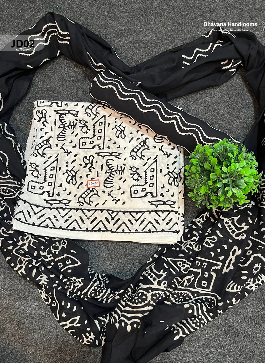 Jaipur Handblock Cotton Dupatta Dress Material – White & Black