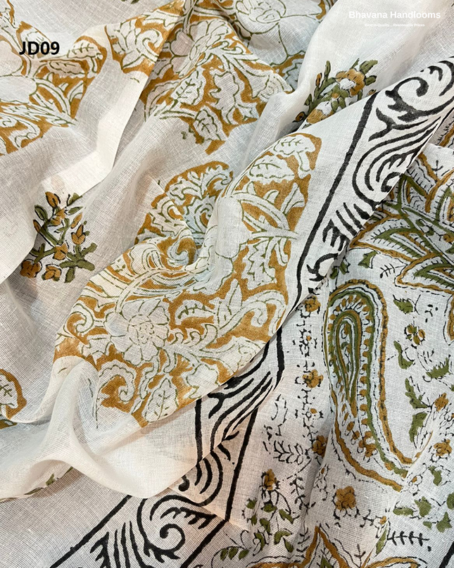 Jaipur Handblock Cotton Dress Material – White & Luxor Gold