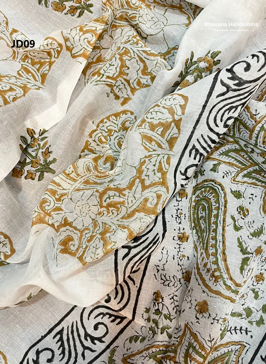 Jaipur Handblock Cotton Dupatta  Dress Material – White & Luxor Gold
