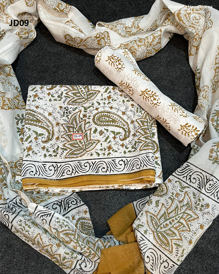Jaipur Handblock Cotton Dress Material – White & Luxor Gold