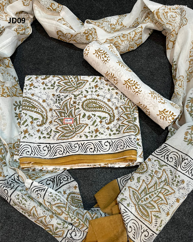 Jaipur Handblock Cotton Dress Material – White & Luxor Gold