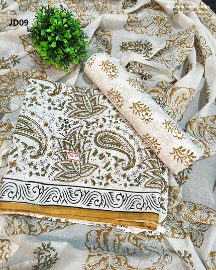 Jaipur Handblock Cotton Dress Material – White & Luxor Gold