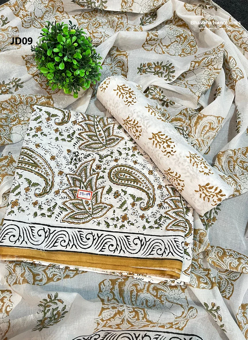 Jaipur Handblock Cotton Dupatta  Dress Material – White & Luxor Gold
