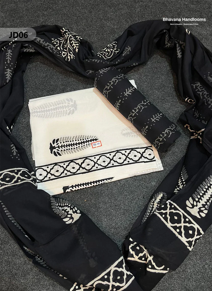 Jaipur Handblock Cotton Dupatta Dress Material – White & Black
