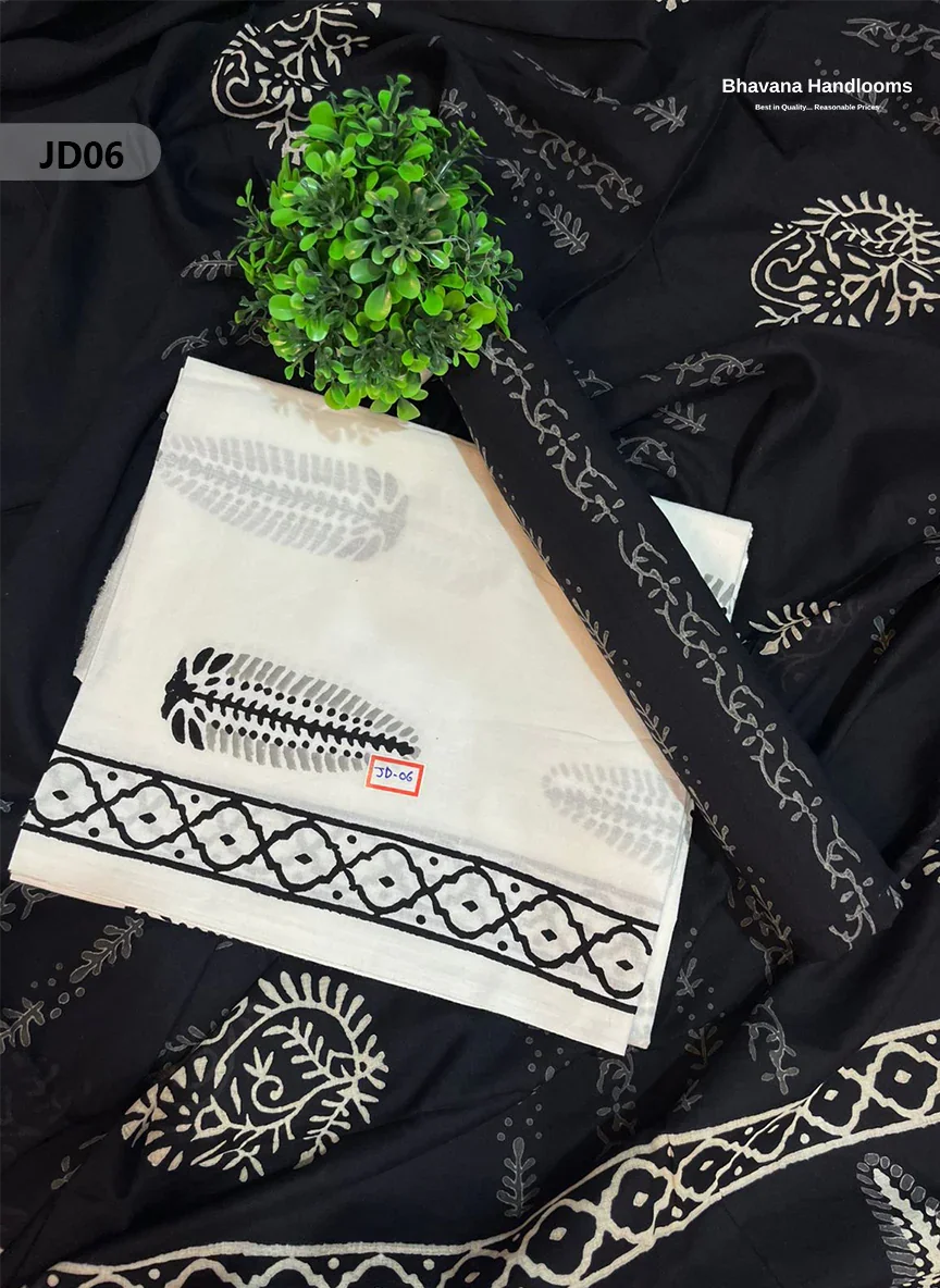 Jaipur Handblock Cotton Dupatta Dress Material – White & Black