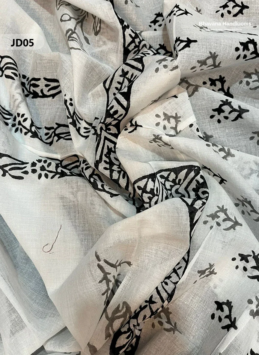Jaipur Handblock Cotton Dupatta Dress Material – White & Black