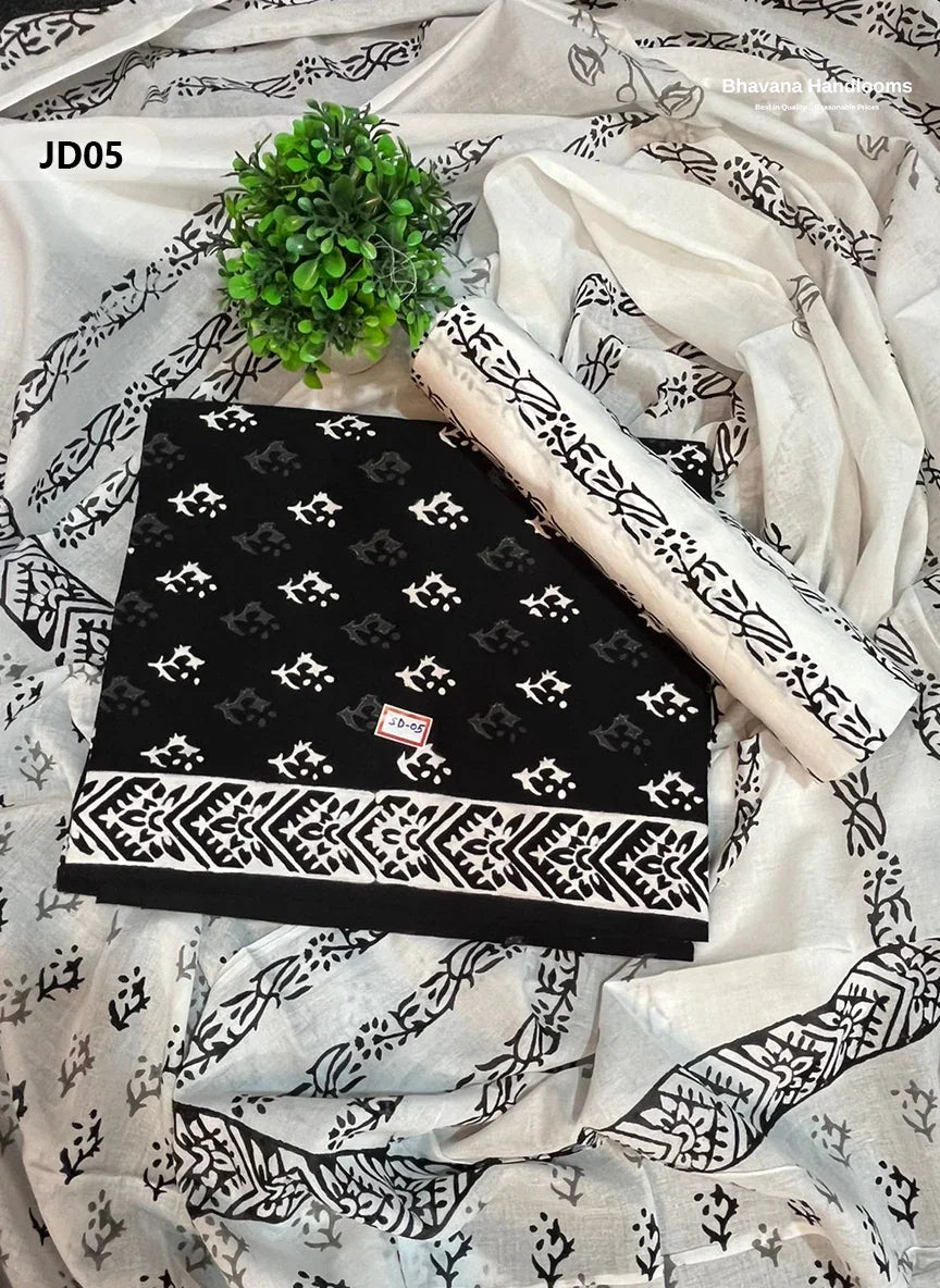 Jaipur Handblock Cotton Dupatta Dress Material – White & Black