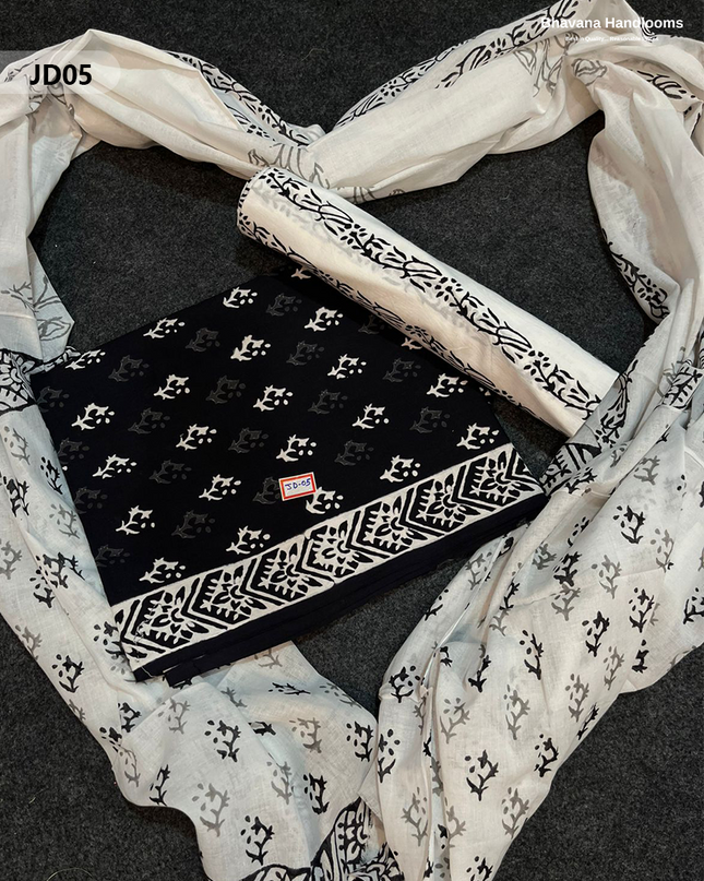 Jaipur Handblock Cotton Dress Material – White & Black