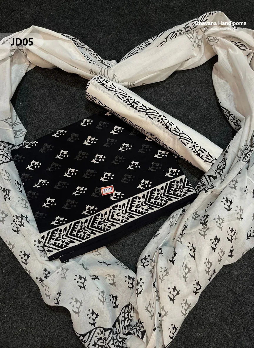 Jaipur Handblock Cotton Dupatta Dress Material – White & Black
