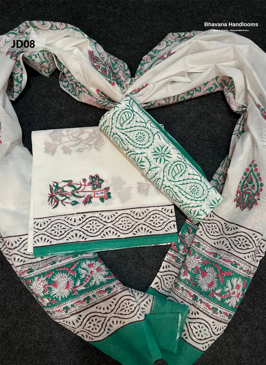 Jaipur Handblock Cotton Dupatta  Dress Material – White & Black